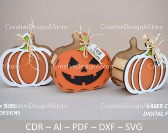 Halloween Pumpkin Gift Box Laser Cut File SVG DXF Template Halloween Sweets or Chocolate Box and Birthday Gift Box 4 Sizes 3 Designs