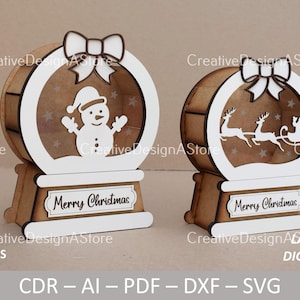Schneekugel Geschenkbox Laser Cut Datei Vorlage SVG DXF Datei mit Schneemann oder Santa Detail in 3 Größen 2 Designs als Weihnachtsgeschenk oder Süßigkeiten Box