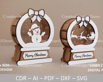 Snow Globe Gift Box Laser Cut File Template SVG File DXF with Snow Man or Santa Detail in 3 Sizes 2 Designs as Christmas Gift or Sweets Box
