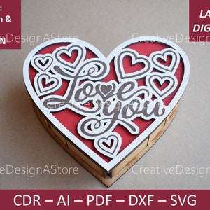 Caixa em formato de coração com design Love You, arquivo gravado e recortado, caixa de joias, arquivo DXF, modelo a laser, caixa de presente para dia dos namorados SVG, 3 tamanhos, casamento