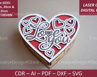 Heart Shaped Box With Love You Design Engraved & Cutout File Jewelry Box DXF File Laser Template Valentines Day Gift Box SVG 3Sizes Wedding