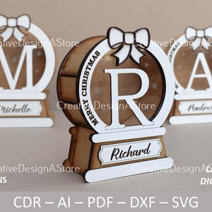Caixa de presente com letras do alfabeto em formato de globo de neve, modelo de arquivo SVG DXF em 3 tamanhos, 26 designs como presente de Natal ou aniversário ou caixa de doces