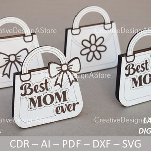 Handtasche Geschenk Kartenhalter Laser Cut Vorlage DXF Datei SVG als Geburtstagsgeschenk oder Muttertagsgeschenk mit Gänseblümchen und Band in 1 Größe und 4 Designs