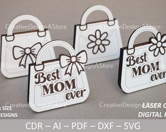 Handbag Gift Card Holder Laser Cut Template DXF File SVG as Birthday Gift or Mothers Day Gift with Daisy and Ribbon in 1 Size and 4 Designs