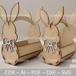 イースターバニーギフトまたはフラワーバスケットレーザーカットファイルテンプレート、リボンデザイン付き SVG DXF ファイル、誕生日やイースターギフト用、4 サイズ 1 デザイン