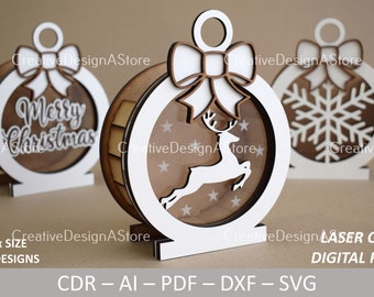Christmas Bauble Gift Box Laser Cut File Template SVG File DXF with Snowflake Reindeer or Merry Christmas Detail CDR File 1 Size 3 Designs