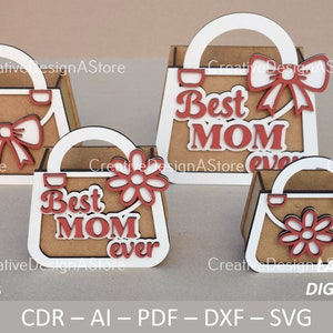 Caixa de presente de bolsa, modelo de corte a laser, arquivo DXF SVG como presente de aniversário ou presente de dia das mães e caixa de chocolate ou flores em 5 tamanhos e 4 designs