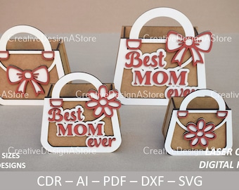 Handbag Gift Box Laser Cut Template DXF File SVG as Birthday Gift or Mothers Day Gift & Chocolate or Flower Box in 5 Sizes and 4 Designs