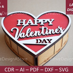 Caixa em formato de coração com recorte de design de Dia dos Namorados, caixa de joias, modelo DXF a laser, caixa de presente de Dia dos Namorados SVG, 3 tamanhos, aniversário