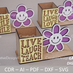 Stiftehalter Box Laser Cut Vorlage DXF-Datei als Lehrer oder Geburtstagsgeschenk Schreibtischständer mit Smiley Blumen Design 1 Größe 3 Designs