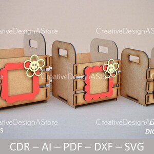 Geschenk oder Blumenkorb mit Fotorahmen & Gänseblümchen Laser Cut Vorlage SVG als Geburtstagsgeschenk oder Muttertagsgeschenk in 4 Größen und 3 Designs