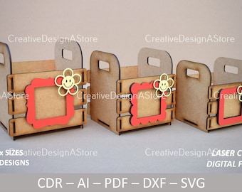 Gift or Flower Basket with Photo Frame & Daisy Laser Cut Template DXF File SVG as Birthday Gift or Mothers Day Gift in 4 Sizes and 3 Designs