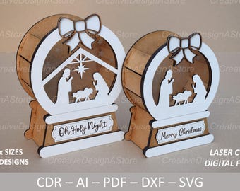 Snow Globe Gift Box Laser Cut File Template SVG File DXF with Nativity Scene Detail in 3 Sizes 2 Designs as Christmas Gift or Sweets Box