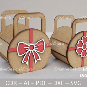 Muttertag Handtasche Geschenkbox oder Blumenkorb Laser Cut Datei Vorlage mit Band & Gänseblümchen SVG DXF Datei für Geburtstagsgeschenke 3 Größen 2 Designs