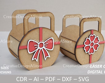 Mothers Day Handbag Gift Box or Flower Basket Laser Cut File Template with Ribbon & Daisy SVG DXF File for Birthday Gifts 3 Sizes 2 Designs