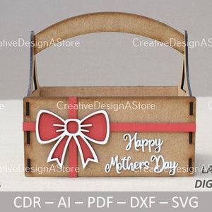 Happy Mothers Day chocolade geschenkdoos of bloemenmand lasergesneden bestandssjabloon met lint en madeliefje ontwerp SVG DXF-bestand 3 maten 4 ontwerpen