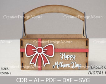 Happy Mothers Day Chocolate Gift Box or Flower Basket Laser Cut File Template with Ribbon & Daisy Design SVG DXF File 3 Sizes 4 Designs