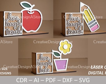 Pencil Holder Box Laser Cut Template DXF File as Teacher or Birthday Gift Desk Stand with Flower, Apple and Pencil Designs 1 Size 3 Designs
