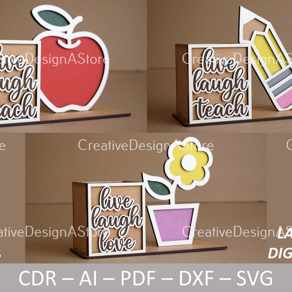 Pencil Holder Box Laser Cut Template DXF File as Teacher or Birthday Gift Desk Stand with Flower, Apple and Pencil Designs 1 Size 3 Designs