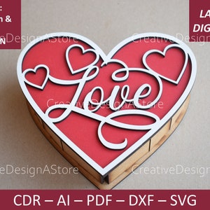 Caixa em formato de coração com design de amor e corações, arquivo de recorte, caixa de joias, modelo a laser DXF, caixa de presente para dia dos namorados, SVG, 3 tamanhos, lembrança de casamento