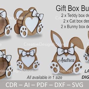Modello di file di taglio laser per confezione regalo con finestra SVG DXF con design a forma di cuore e nastro per San Valentino, compleanno, Pasqua, 1 taglia, 6 design