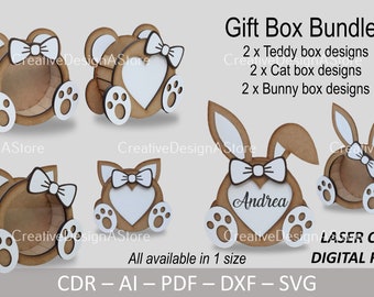 Gift Box Bundle Laser Cut File Template with Window SVG DXF with Heart & Ribbon Design for Valentines Day Birthday Easter 1 Size 6 Designs