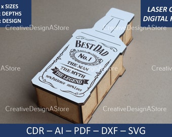 Bottle Shaped Gift Box Laser File Template Fathers Day SVG File and Best Dad Engraving Detail in 3 Sizes and 2 Depths DXF File Birthday Gift