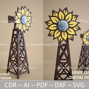 3D Sunflower Windmill Puzzle Laser Cut Template DXF SVG CDR File 3 Sizes 1 Design as Decorative Piece Gift or Project