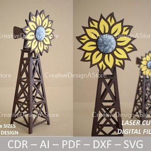 Quebra-cabeça de moinho de vento de girassol 3D cortado a laser modelo DXF SVG CDR arquivo 3 tamanhos 1 design como peça decorativa presente ou projeto
