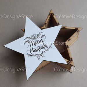 Modèle de fichier laser boîte cadeau étoile de Noël Fichier SVG Fichier DXF avec joyeux Noël Détail de la gravure