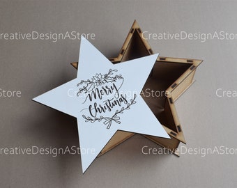 Christmas Star Gift Box Laser File Template SVG File DXF File with Merry Christmas Engraving Detail
