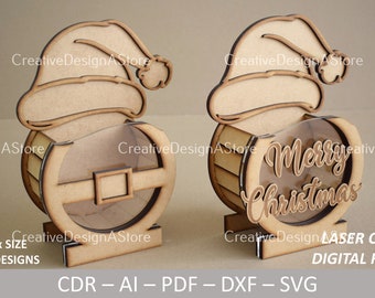 Santa Hat Gift Box Laser Cut File Template SVG File DXF with Santa and Merry Christmas Detail CDR File 1 Size 2 Designs