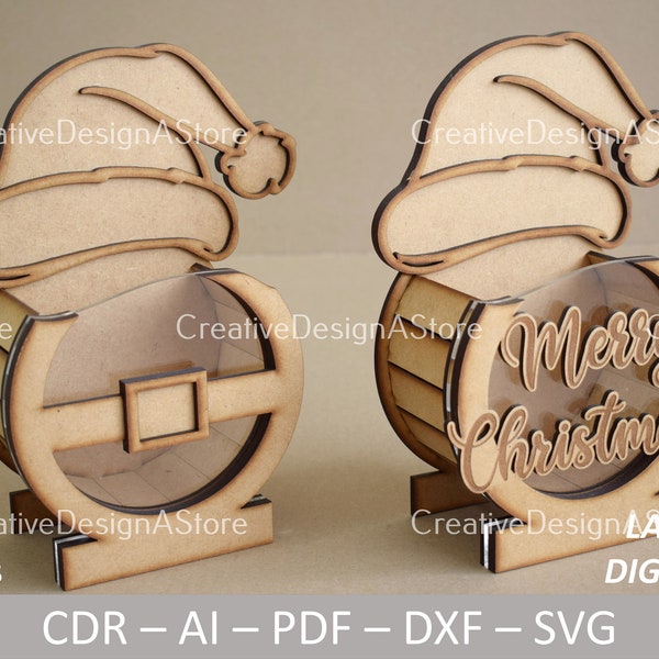 Santa Hat Gift Box Laser Cut File Template SVG File DXF with Santa and Merry Christmas Detail CDR File 1 Size 2 Designs