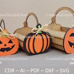 Modello DXF per cestino di zucca di Halloween tagliato al laser, file SVG, come regalo di compleanno o cestino di dolci, scatola regalo e decorazione per la casa in 4 dimensioni e 3 design