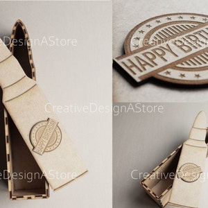 Modelo de arquivo laser para caixa de presente Bullet, arquivo SVG, arquivo DXF com detalhes de gravação de Feliz Aniversário
