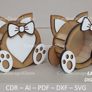 Modèle de fichier de découpe laser boîte cadeau chat avec fenêtre fichier SVG DXF avec coeur et ruban pour Saint Valentin anniversaire Pâques 1 modèle taille 2
