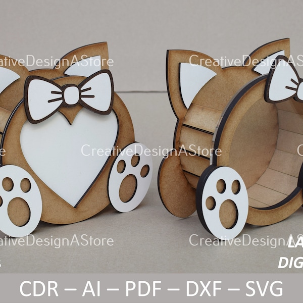 Cat Gift Box Laser Cut File Template with Window SVG DXF File with Heart & Ribbon Design for Valentines Day Birthday Easter 1 Size 2 Designs