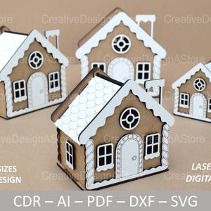 May include: Four laser-cut wooden house structures with white painted roofs, doors, and window frames. The text reads 4 x SIZES, 1 x DESIGN, LASER CUT DIGITAL FILES, CDR - AI - PDF - DXF - SVG. The houses feature brown wood panels.