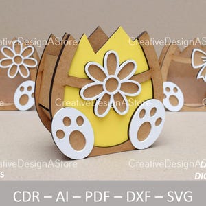 Plantilla de archivo cortado con láser para caja de regalo de huevo de Pascua con diseño de cinta o margarita Archivo SVG DXF para regalos de cumpleaños y Pascua 3 tamaños 4 diseños