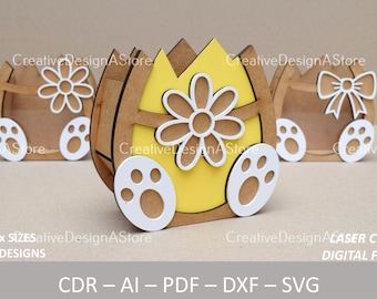 Easter Egg Gift Box Laser Cut File Template with Ribbon or Daisy Design SVG DXF File for Birthday and Easter Gifts 3 Sizes 4 Designs