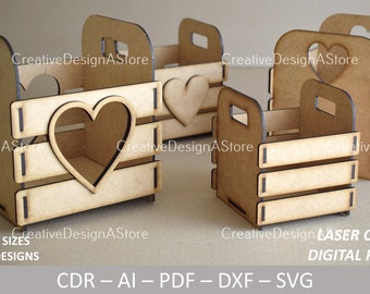 Gift or Flower Basket Laser Cut Template DXF File SVG as Birthday Gift or Mothers Day Gift & Home Decorations in 4 Sizes and 4 Designs