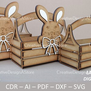 Caja de regalo con diseño de conejito en forma de cesta con corte láser, plantilla de archivo SVG DXF, 4 tamaños, 2 diseños para Pascua y cumpleaños, descarga digital