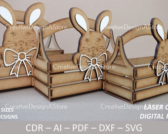 Bunny Basket Gift Box with Bunny Design Laser Cut File Template SVG DXF File 4 Sizes 2 Designs for Easter & Birthday Digital Download