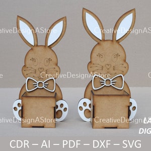 Coniglietto pasquale con scatola come scatola regalo o cesto di fiori Modello di file tagliato al laser File SVG DXF per regali di compleanno e di Pasqua 4 dimensioni 1 design