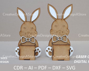 Easter Bunny with Box as Gift Box or Flower Basket Laser Cut File Template SVG DXF File for Birthday and Easter Gifts 4 Sizes 1 Design
