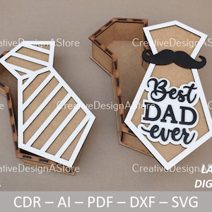 Scatola per cravatte con taglio laser, modello DXF, file in formato SVG, regalo di compleanno o confezione regalo per la festa del papà con il miglior papà di sempre e baffi in 5 dimensioni e 4 disegni