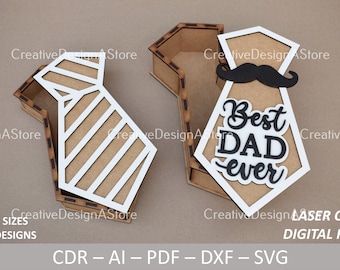 Tie Box Laser Cut Template DXF File SVG Birthday Gift or Fathers Day Gift Box with Best Dad Ever & Mustache design in 5 Sizes and 4 Designs