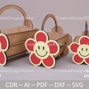 Smiley madeliefje cadeau of bloemenmand lasergesneden sjabloon DXF-bestand SVG als verjaardagscadeau of Moederdagcadeau & woondecoratie in 4 maten en 1 ontwerp
