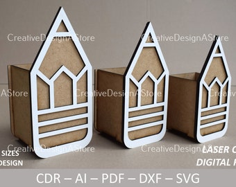 Pencil Holder Laser Cut File SVG Template DXF with 1 Design in 3 Sizes Small Medium & Large Chocolate Box For Laser Cutting Gift Box