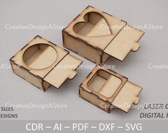Slider Box Square Laser Cut File Template SVG DXF File for Birthday Christmas Gifts Chocolate or Flower Box 6 Sizes 3 Lid Designs